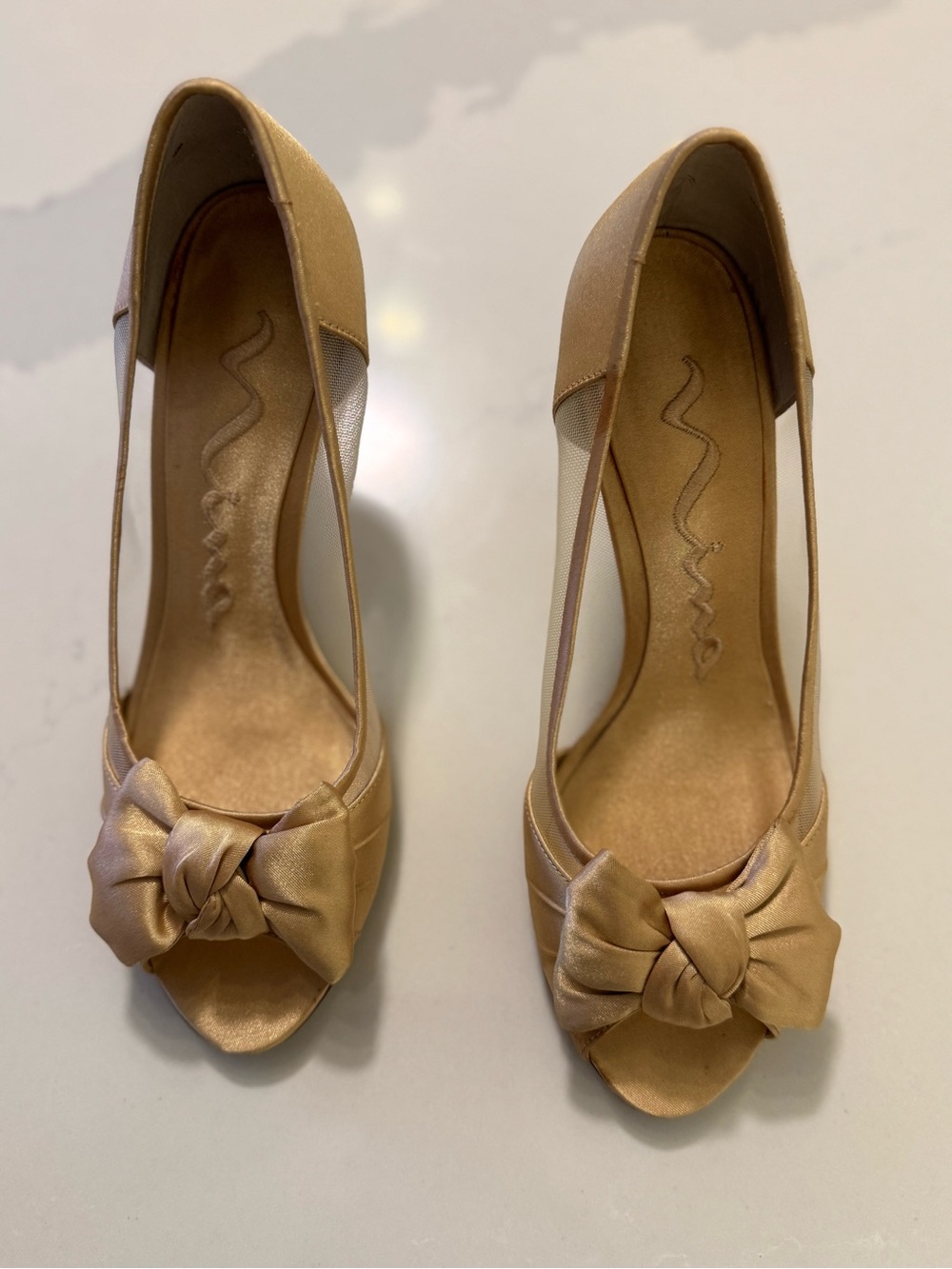 Nina Satin Peep-Toe Bow Pumps in Champagne Gold